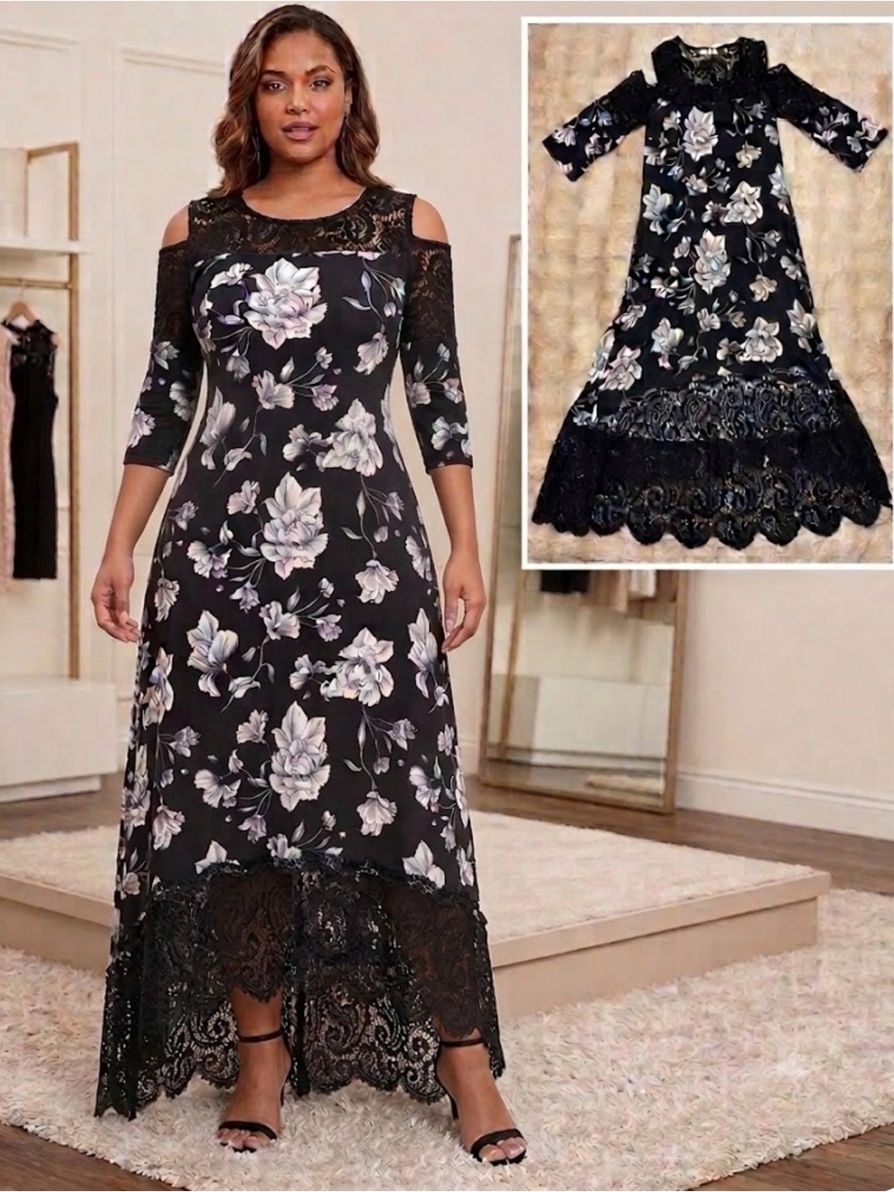 Greige Floral Cold-Shoulder Lace High-Low Dress